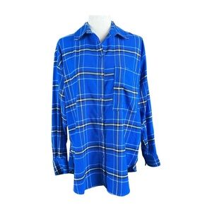 H&M BLUE PLAID BUTTON DOWN TUNIC, SIZE S